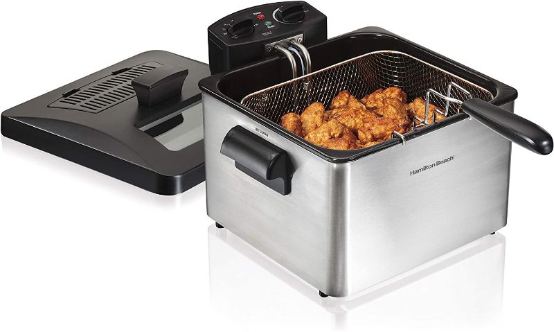 Photo 1 of Hamilton Beach Triple Basket Electric Deep Fryer, 19 Cups / 4.5 Liters Oil Capacity, Lid with View Window, Professional Grade, 1800 Watts, Stainless Steel (35034) , Black
