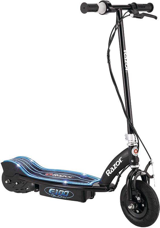 Photo 1 of Razor E100 Glow Electric Scooter for Kids, LED Light-Up Deck, 8" Air-filled Front Tire, Up to 40 min Continuous Ride Time