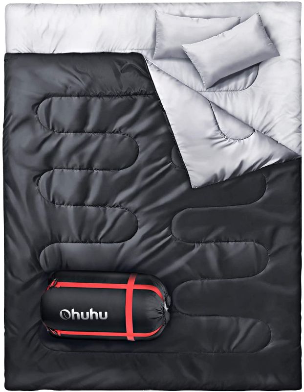 Photo 1 of Sleeping Bag, Ohuhu Sleeping Bag for Adults Kids Double Sleeping Bag with 2 Pillows Waterproof Compact 2 Person Cold Weather Sleeping Bags for Camping Backpacking Hiking Outdoor with Carry Bag
