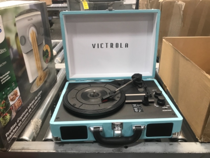 Photo 4 of Victrola Vintage 3-Speed Bluetooth Portable Suitcase Record Player with Built-in Speakers | Upgraded Turntable Audio Sound| Includes Extra Stylus | Aqua Turquoise (VSC-550BT-TU)
