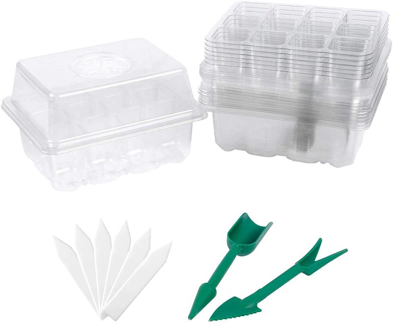 Photo 1 of 6 Set Seed Starter Tray Kit Humidity Adjustable Plant Seedling Trays with Dome and Base, Plant Tags Hand Tool Kit (12 Cells per Tray), Clear…
