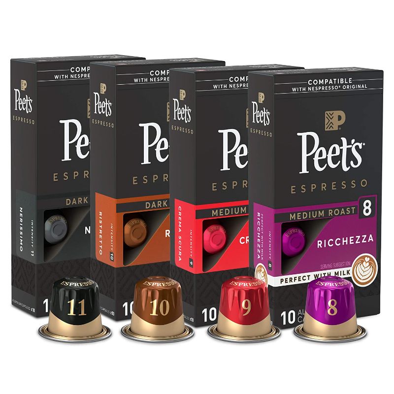 Photo 1 of  BEST BY  :11/13/2021 
Peet's Coffee Espresso Capsules Variety Pack, 40 Count Single Cup Coffee Pods, Compatible with Nespresso Original Brewers, Crema Scura, Nerissimo, Ricchezza, Ristretto
