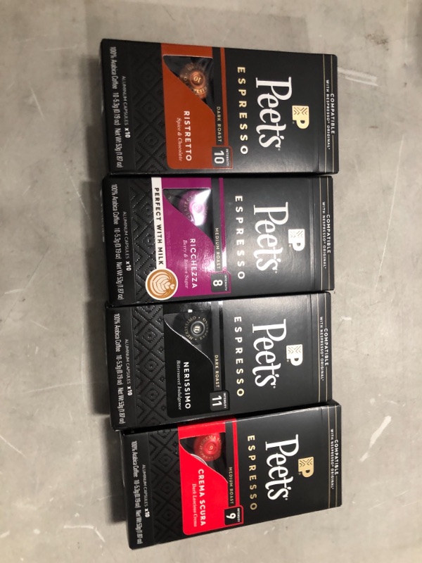 Photo 3 of  BEST BY  :11/13/2021 
Peet's Coffee Espresso Capsules Variety Pack, 40 Count Single Cup Coffee Pods, Compatible with Nespresso Original Brewers, Crema Scura, Nerissimo, Ricchezza, Ristretto
