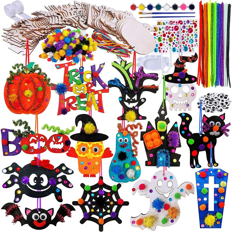 Photo 1 of 56 Sets Halloween Decoration DIY Halloween Wooden Ornaments Craft Kit Assorted Paintable Unfinished Wood Pumpkin Gourd Ghost Spider Owl Cutouts Pom-Poms...
