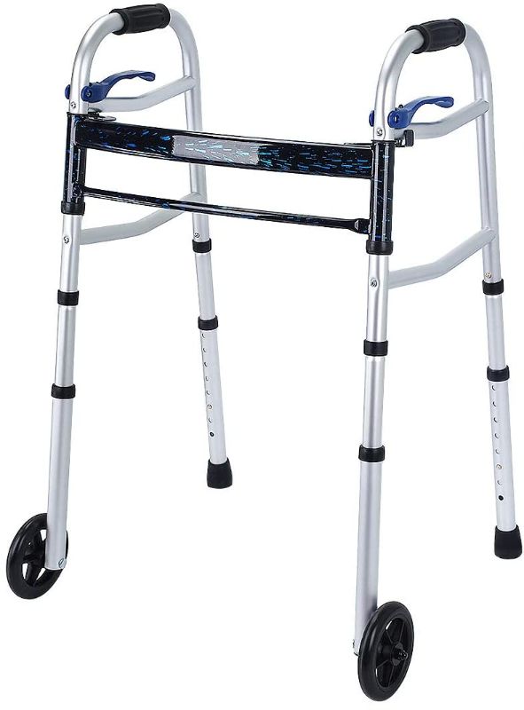 Photo 1 of Health Line Massage Products Compact Folding Walker for Seniors, Foldable Walker Supports up to 350 lbs with 5 inch Wheels and Trigger Release (Ski Glides Included)
