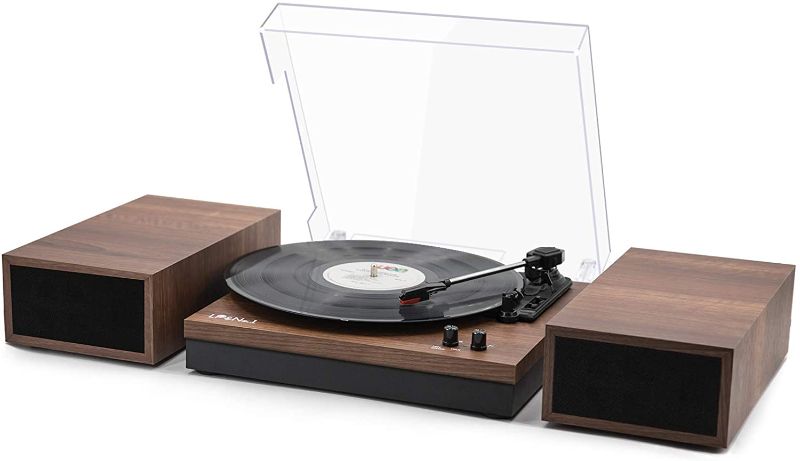 Photo 1 of LP&No.1 Bluetooth Vinyl Record Player with External Speakers, 3-Speed Belt-Drive Turntable for Vinyl Albums with Auto Off and Bluetooth Input, Walnut Wood
