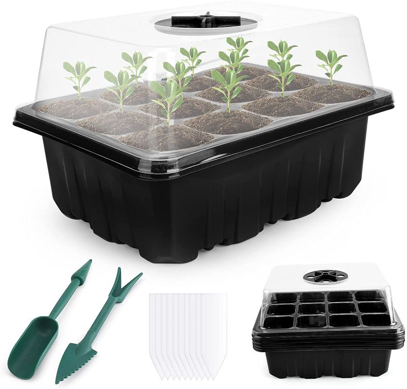 Photo 1 of AUXSOUL Seed Starter Tray Kit, 12 Pack Plant Germination Growing Containers with 10pcs Labels 2pcs Seedling Lifter Tools Dome and Base for Outdoor or Indoor Herb Greenhouse Wheatgrass(12 Pack Black)
