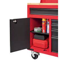 Photo 1 of 61 in. 11-Drawer/1-Door 22 in. D Mobile Workbench with Sliding Pegboard Back Wall in Red/Black
