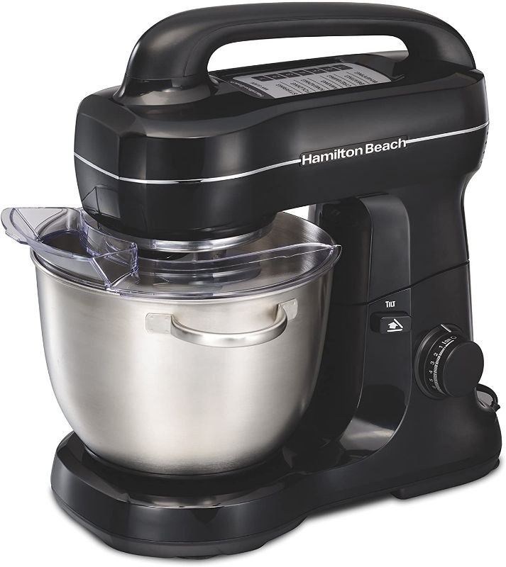 Photo 1 of Hamilton Beach Electric Stand Mixer, 4 Quarts, Dough Hook, Flat Beater Attachments, Splash Guard 7 Speeds with Whisk, Black with Top Handle
