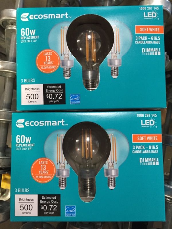 Photo 2 of EcoSmart
60-Watt Equivalent G16.5 ENERGY STAR and CEC Title 20 Dimmable Filament LED Light Bulb Bright White 3000K (3-Pack)
2 PACK