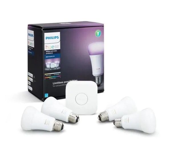 Photo 1 of Philips Hue
White and Color Ambiance A19 LED 60W Equivalent Dimmable Smart Wireless Lighting Starter Kit (4 Bulbs and Bridge)