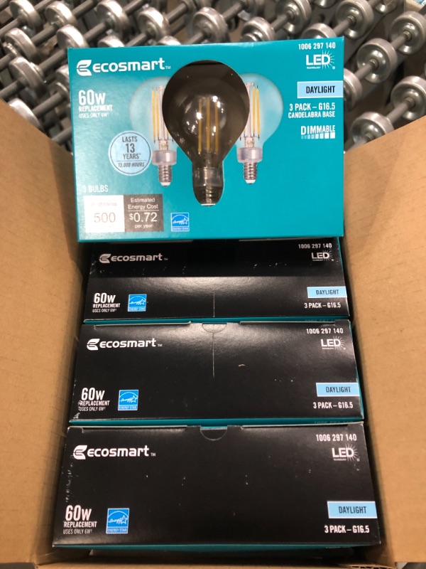 Photo 1 of ECOSMART 60W 3 BULBS BRIGHTNESS 500 LUMENS DAY LIGHT G16.5 CANDELABRA BASE DIMMABLE
3 PACK