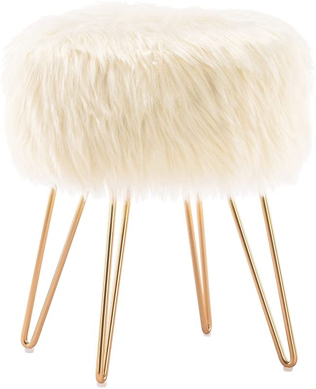 Photo 1 of 
YOUDENOVA Faux Fur Vanity Stool Chair, 15 inches Round Footstool Ottoman with Metal Legs, Decorative Furniture for Bedroom and Makeup Room Bathroom, Beige
