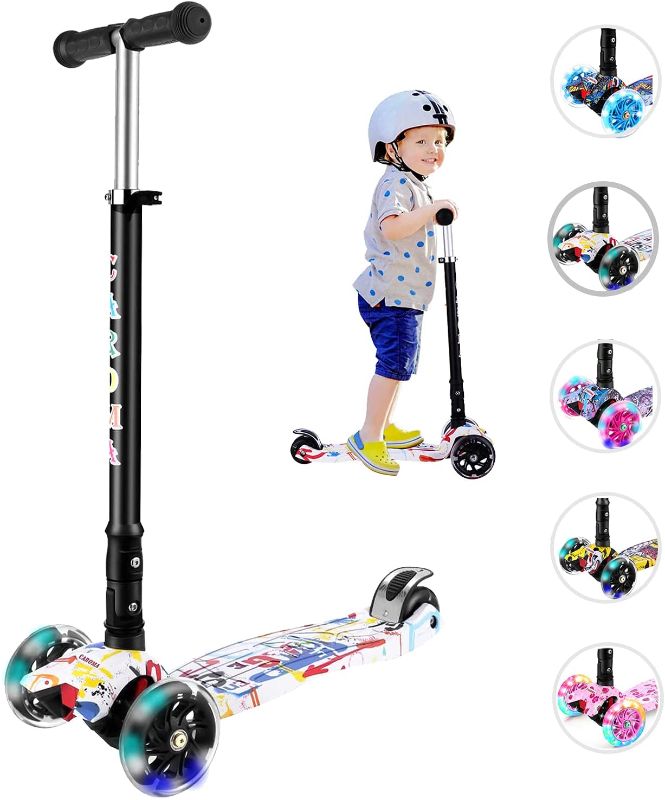 Photo 1 of Kick Scooter for Kids Ages 2-14, 3 Wheel Toddler Scooters, 4 Height Adjustable, Extra-Wide Deck, Light-Up Wheels, Folding Kids Scooter for Children Boys Girls Learn to Steer from 2 to 14 Year Old
