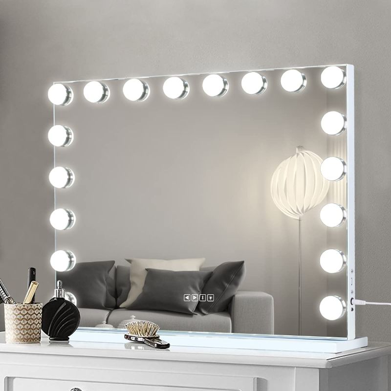 Photo 1 of Leishe Hollywood Mirror 18pcs LED Bulbs 3 Color Lighting Modes Makeup Mirror with USB Charging Port and Bluetooth Speaker(White)
AS IS USED