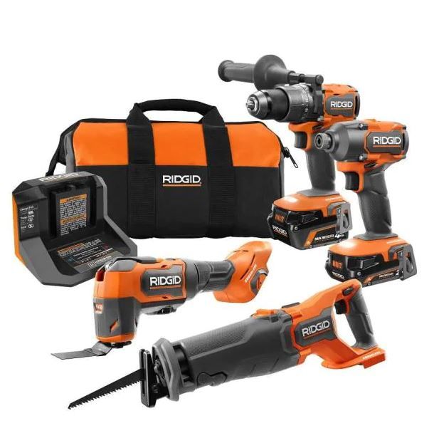 Photo 1 of RIDGID
18V Brushless Cordless 4-Tool Combo Kit with (1) 4.0 Ah and (1) 2.0 Ah MAX Output Batteries, 18V Charger, and Tool Bag