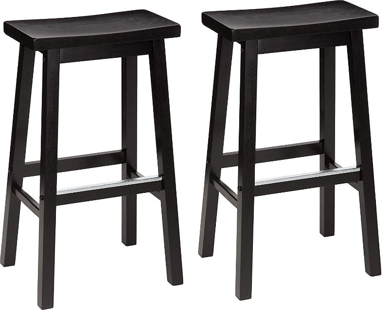 Photo 1 of Amazon Basics Solid Wood Saddle-Seat Kitchen Counter Barstool - Set of 2, 29-Inch Height, Black 17"D x 13.6"W x 29.2"H

