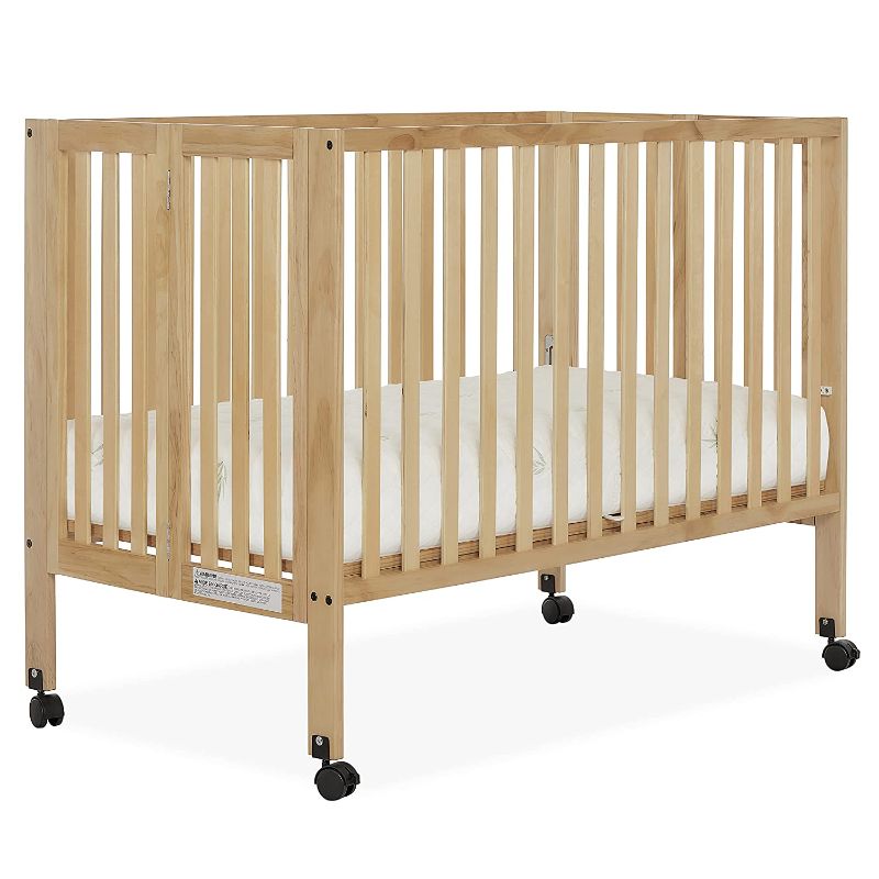 Photo 1 of Dream On Me Quinn Full-Size Folding Crib, Removable Wheels, Modern Nursey, Adjustable Mattress Support, Patent Folding System in Natural
