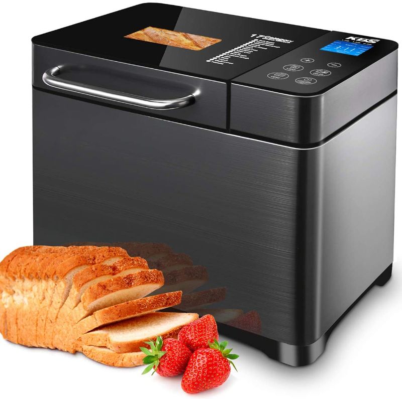 Photo 1 of KBS 17-in-1 Bread Maker Machine with Dual Heaters, 710W Bread Machine with Gluten Free Setting, Auto Fruit Nut Dispenser, Ceramic Pan& Touch Panel, 2LB Loaf 3 Crust Colors, Brushed Stainless/Black
