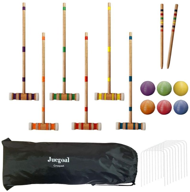 Photo 1 of Juegoal Six Player Croquet Set with Wooden Mallets Colored Balls for Lawn, Backyard and Park, 28 Inch
