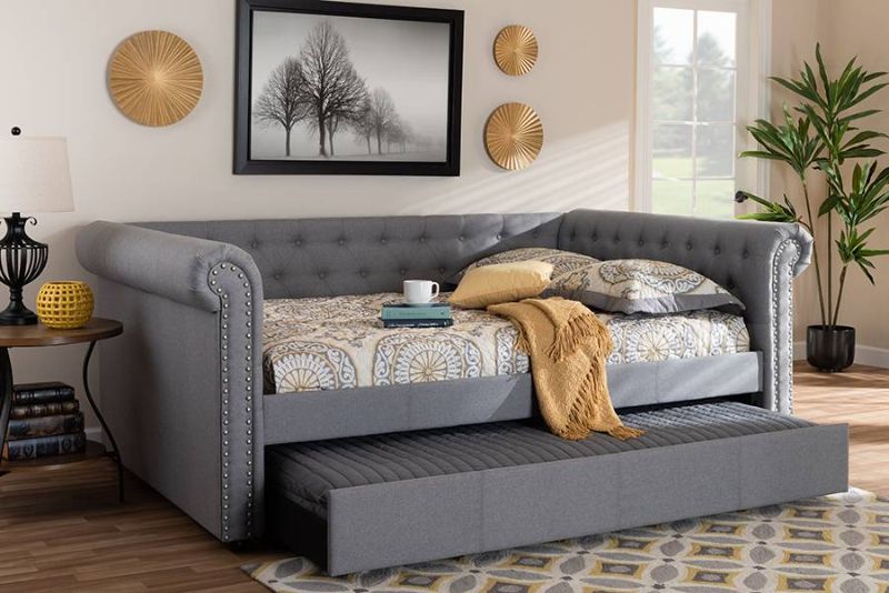 Photo 1 of **INCOMPLETE** Baxton Studio Mabelle Modern and Contemporary Gray Fabric Upholstered Full Size Daybed with Trundle - Ashley-Grey-Daybed-F/T- BOX CONTAINS BACK PANEL AND SIDE RAIL, HARDWARE ONLY!!!
