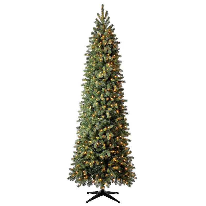 Photo 1 of Home Accents Holiday 9 Ft Manchester White Spruce LED Pre-Lit Slim Artificial Christmas Tree with 500 SureBright Color-Changing Mini Lights
