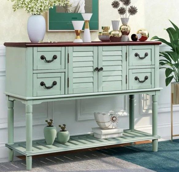 Photo 1 of **DAMAGE TO TOP FRONT LEFT CORNER, FOUR BOTTOM SMALL LEGS MISSING AND HARDWARE MISSING **
45 in. Antique Blue Standard Rectangle Wood Console Table for Entryway with doors and 4 Storage Drawers
