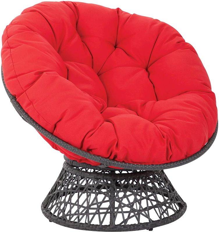 Photo 1 of **MISSINSG HARDWARE**
OSP Home Furnishings Wicker Papasan Chair with 360-Degree Swivel, Grey Frame with Red Cushion
