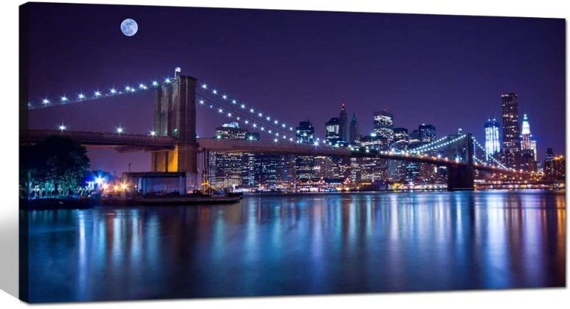 Photo 1 of **SIMILAR TO STOCK PHOTO**
sechars - Brooklyn Bridge Canvas Wall Art Large Size 24"x48" Modern New York City Canvas Print Manhattan Skyline with Full Moon Giclee Wall Art for Home Office Wall Decor Framed and Ready to Hang
