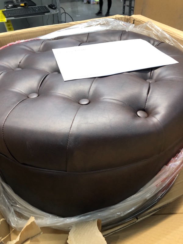 Photo 2 of *DAMAGED VIEW IMAGE** HomePop Large Faux Leather Tufted Round Storage Ottoman, Brown