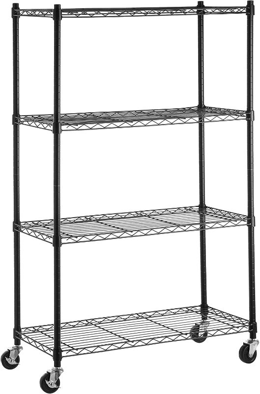 Photo 1 of Amazon Basics 4-Shelf Heavy Duty Shelving Storage Unit on 3'' Wheel Casters, Metal Organizer Wire Rack, 36"L x 14"W x 57.75"H - Black
PREVIOUSLY OPENED, LOOSE/MISSING HARDWARE, PLEASE SEE PHOTOS 