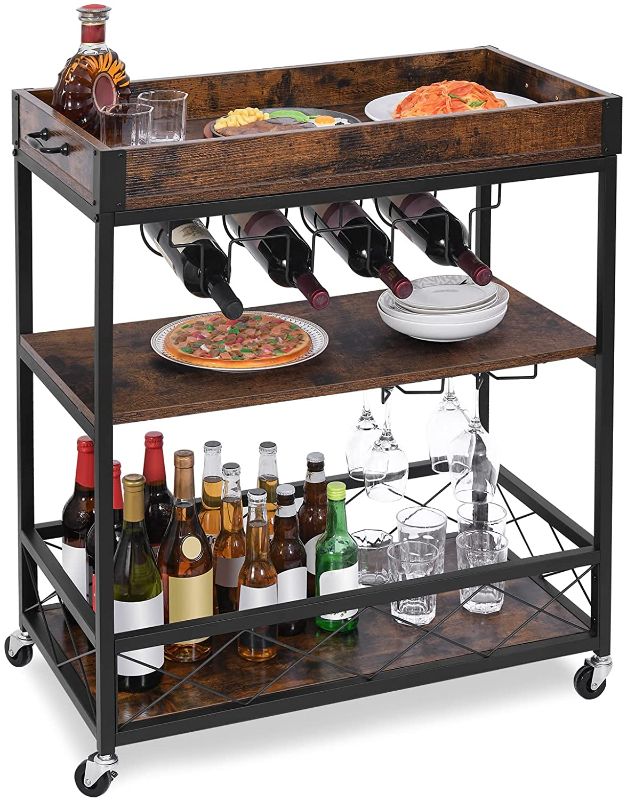 Photo 1 of  charavector Mobile Bar Cart with Removable Wood Top Container, Serving Cart on Wheels with 3-Tier Storage Shelf, Industrial Kitchen Cart for Home, Wine Rack, Glass Holder, Rustic Brown