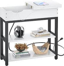 Photo 1 of Aheaplus End Table with Charging Station, Sofa Table Narrow Flip Top with USB Ports &Outlets for Small Spaces, Side Table with Storage Shelves, Nightstand with Metal Frame for Living Room, White
