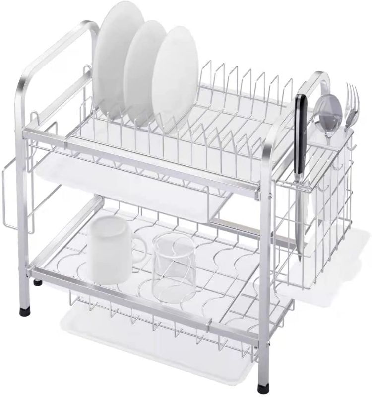 Photo 1 of 2-Tier Dish Drainer Rack, Expandable Dish Rack with Utensil Holder and Draining Board,Stainless Steel
