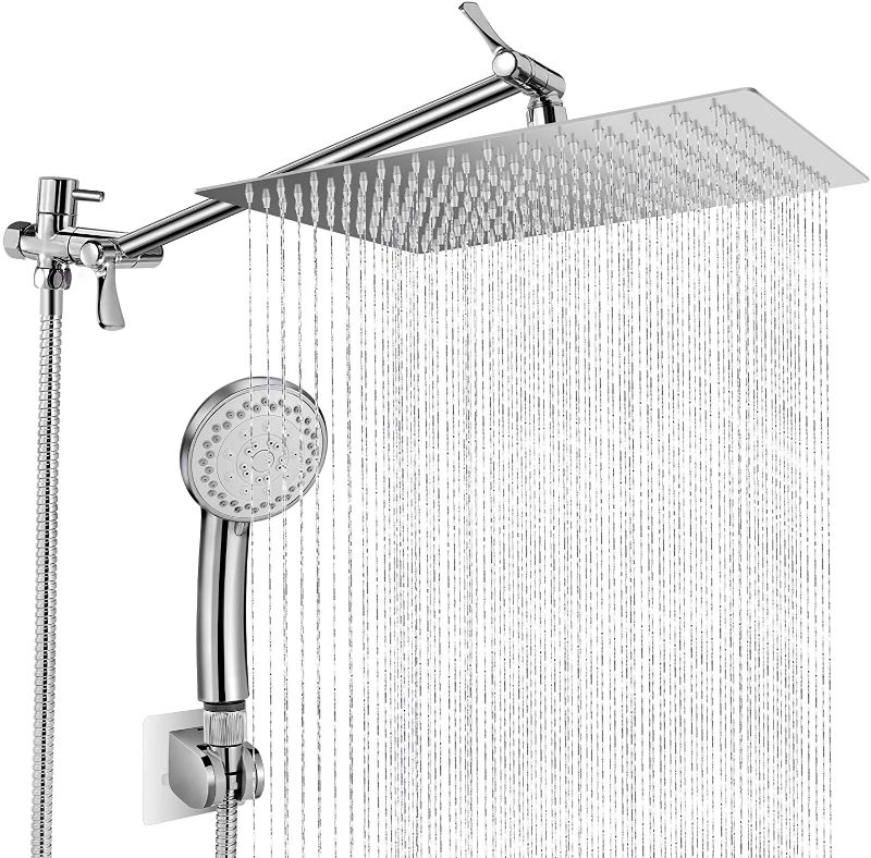 Photo 1 of 12 Inch Rain Shower Head with Handheld Spray, Anti Leak Dual Square Rainfall Shower Heads with Adjustable 13.5'' Extension Arm, Bathroom High Pressure Hand-held Showerhead with Hose and Holder
