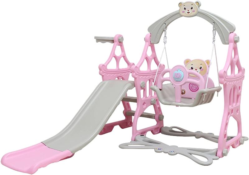 Photo 1 of Kids Swing and Slide Set w/ Basketball Hoop & Music Player Kids Fun Slide Set for Indoor and Outdoors Playground Play Set (Castle Pink)
