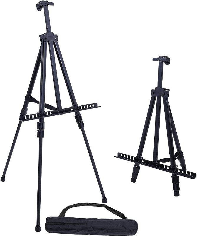 Photo 1 of 66 Inch Sturdy Black Aluminum Tripod Artist Field and Display Easel Stand - Adjustable Height 20" to 5.5 Feet, Holds 32" Canvas - Floor and Tabletop Displaying, Painting - Portable Bag