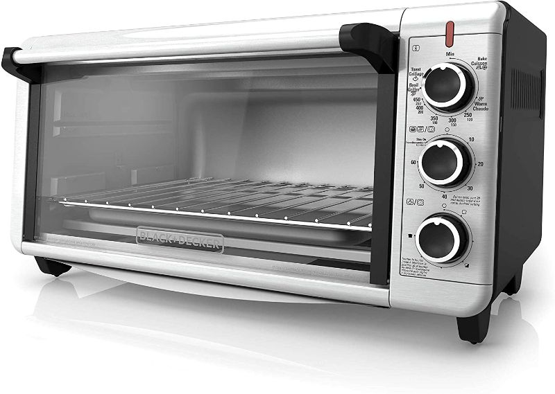 Photo 1 of BLACK+DECKER TO3240XSBD 8-Slice Extra Wide Convection Countertop Toaster Oven, Includes Bake Pan, Broil Rack & Toasting Rack, Stainless Steel/Black Convection Toaster Oven