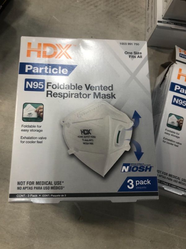 Photo 2 of hdx foldable vented respirator mask 3 pack x3 
(3 boxes of 3 masks )