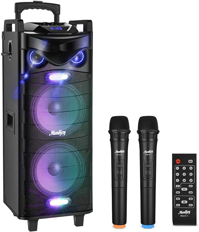 Photo 1 of Moukey Karaoke Machine Speaker PA System,RMS 280W Bluetooth Karaoke Speaker System PA Stereo with Double 10" Subwoofer,DJ Lights,Rechargeable Battery, 2 VHF Microphones, Recording,MP3/USB/TF/FM Radio
(read notes)