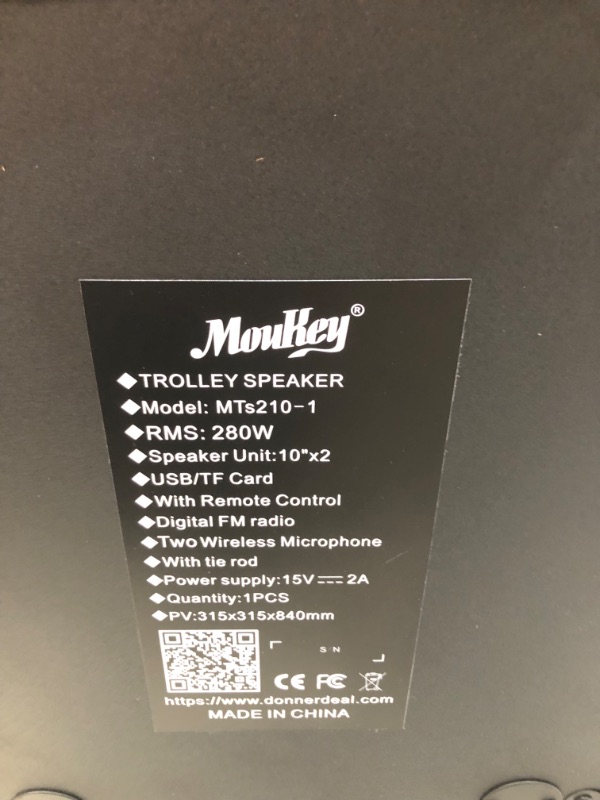 Photo 5 of Moukey Karaoke Machine Speaker PA System,RMS 280W Bluetooth Karaoke Speaker System PA Stereo with Double 10" Subwoofer,DJ Lights,Rechargeable Battery, 2 VHF Microphones, Recording,MP3/USB/TF/FM Radio
(read notes)