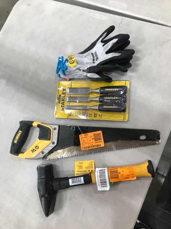 Photo 7 of BUNDLE OF HOME TOOLS, DEWALT 4 Lb. Fiberglass Blacksmith Hammer
AND, Stanley Wood Chisel Set (3-Piece) AND, 15 in. Tooth Saw with Aluminum Handle(USED) AND, Large ANSI A5 Cut Resistant Work Gloves (3-Pair) 


