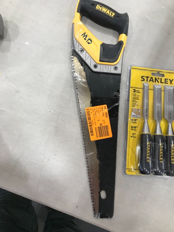 Photo 8 of BUNDLE OF HOME TOOLS, DEWALT 4 Lb. Fiberglass Blacksmith Hammer
AND, Stanley Wood Chisel Set (3-Piece) AND, 15 in. Tooth Saw with Aluminum Handle(USED) AND, Large ANSI A5 Cut Resistant Work Gloves (3-Pair) 


