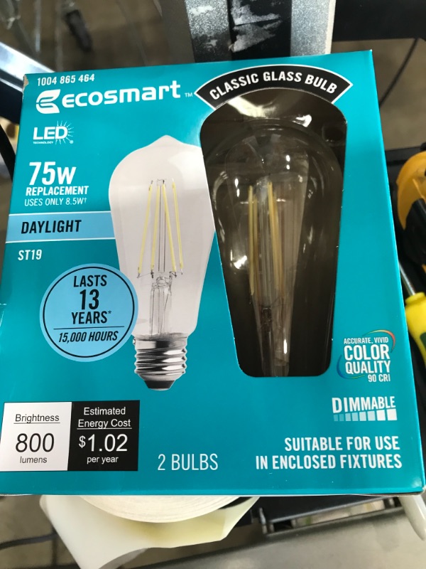 Photo 2 of 4 BOXES OF EcoSmart 75-Watt Equivalent ST19 Antique Edison Dimmable Clear Glass Filament Vintage Style LED Light Bulb Daylight (2-Pack)
