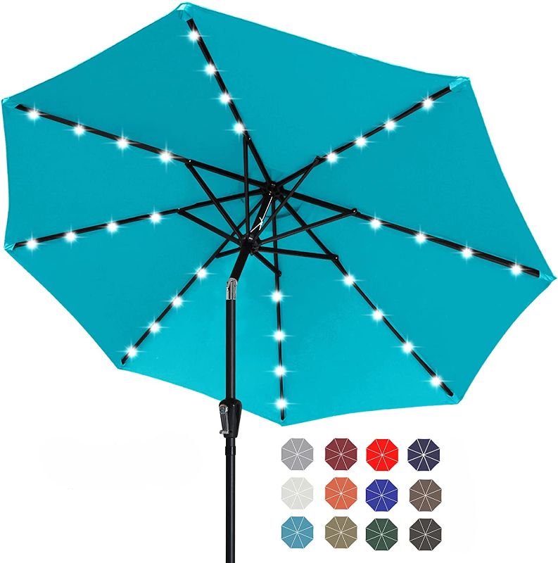 Photo 1 of ABCCANOPY 9FT Patio Umbrella Ourdoor Solar Umbrella LED Umbrellas with 32LED Lights, Tilt and Crank Table Umbrellas for Garden, Deck, Backyard and Pool,12+Colors,(Turquoise)
