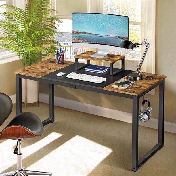 Photo 1 of Computer Desk with Monitor Stand, WOOD/WHITE 

//SIMILAR TO REFERENCE PHOTO BUT DIFFERENT COLORS missing legs for upper shelf