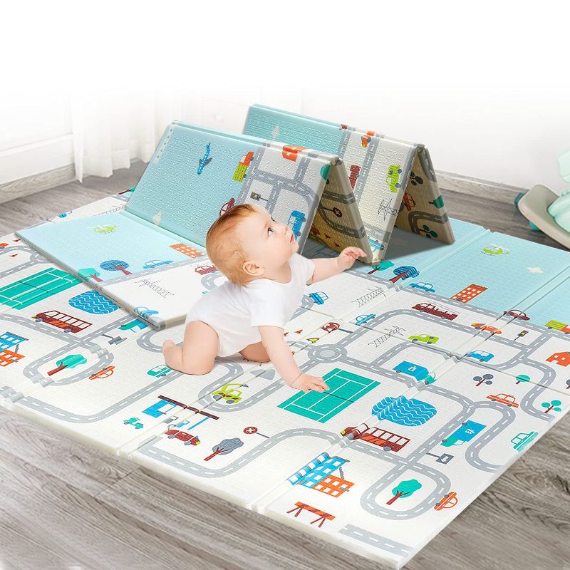 Photo 1 of Baby Play Mat, XL 0.6 INCH Thicker Foldable Foam Play Mat for Baby, BPA Free Waterproof Reversible Baby Crawling Mat for Floor, Portable Baby Playmat for Infants, Toddlers, Kids, Blue-70x78x0.6 INCH
