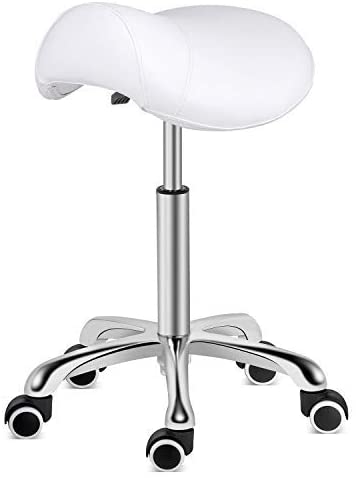 Photo 1 of Kaleurrier Saddle Stool Rolling Swivel Height Adjustable with Wheels,Heavy Duty Stool,Ergonomic Stool Chair for Lab,Clinic,Dentist,Salon,Massage,Office and Home Kitchen (White, Without Back)
