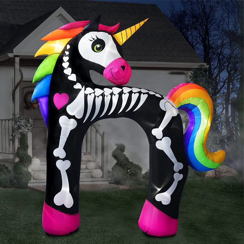 Photo 1 of ***FAN WONT WORK***inslife 11Ft Halloween Inflatables Skeleton Unicorn Arch Gate, Rainbow Blow Up Yard Decorations with LED Lights for Home Lawn Garden Party Indoor Outdoor
