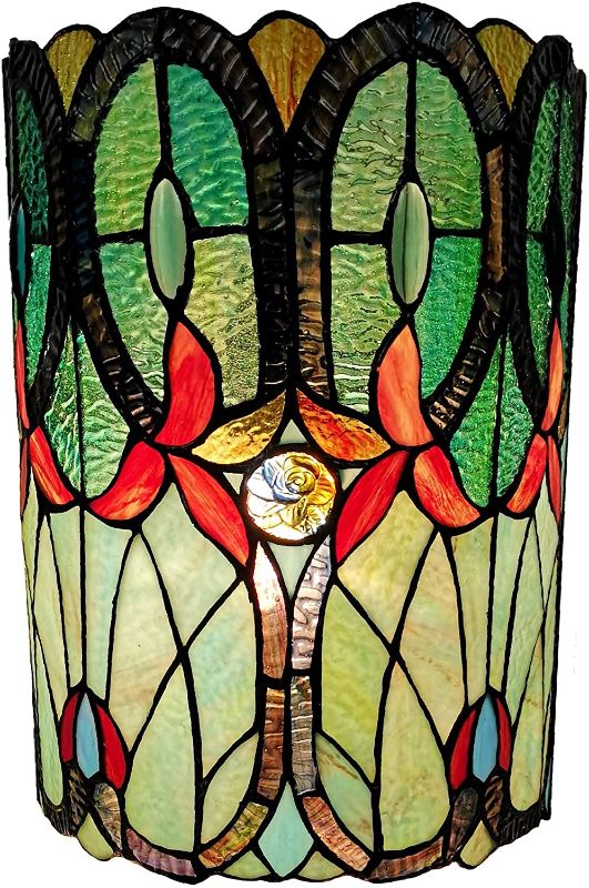 Photo 1 of Amora Lighting Tiffany Style Wall Lamp 2 Light Stained Glass Green Blue Vintage Antique for Hallway Bedroom Living Room 10" Wide 13.5" Tall Gift AM247WL10B, Multicolored